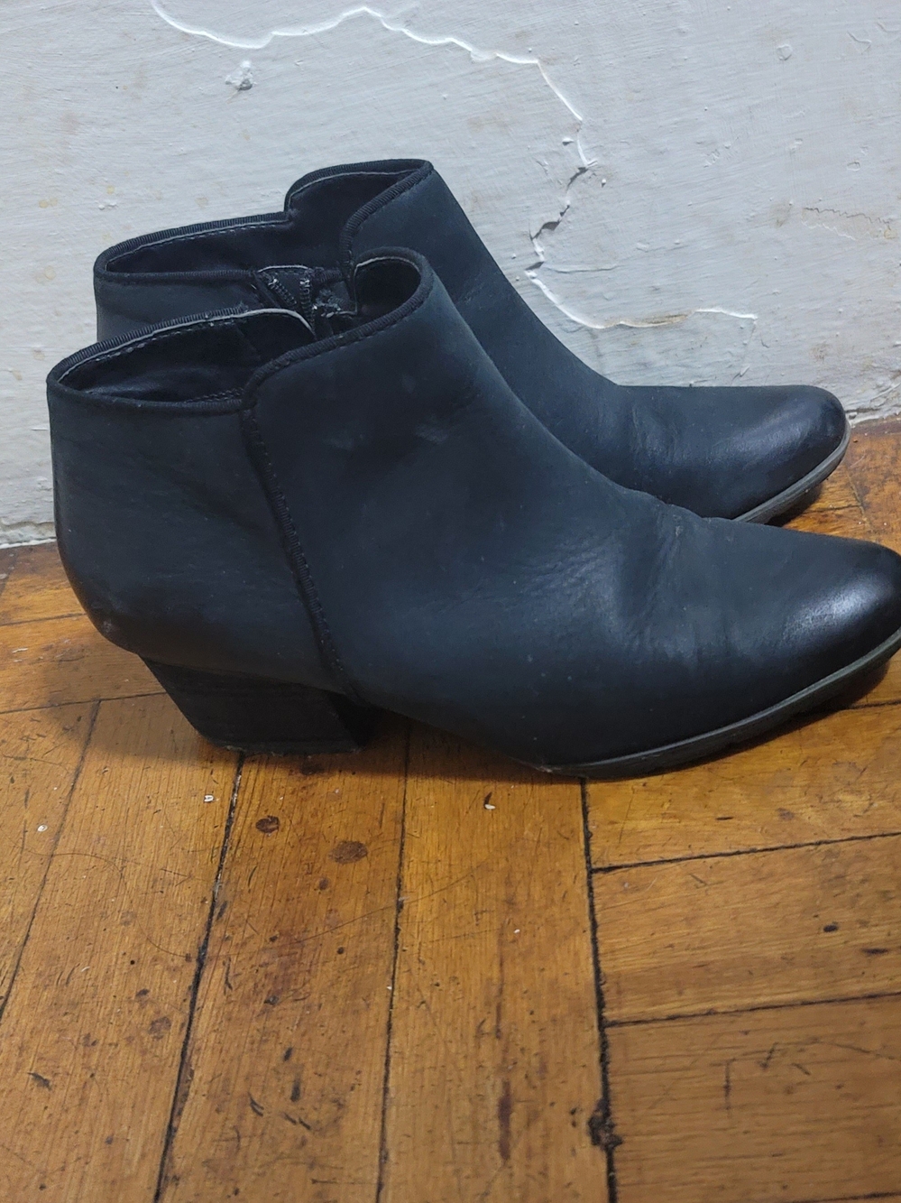 Blondo Black Leather Ankle Booties with Low Block Heel